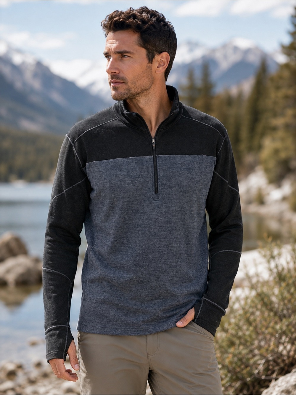 KÜHL Men’s Large 1/4 Zip Performance Pullover Black Gray Thumbholes Outdoor Stre